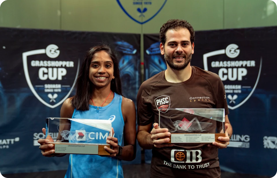 Sivasangari Subramaniam and Karim Abdel Gawad with their trophies at the Grasshopper Cup 2026.